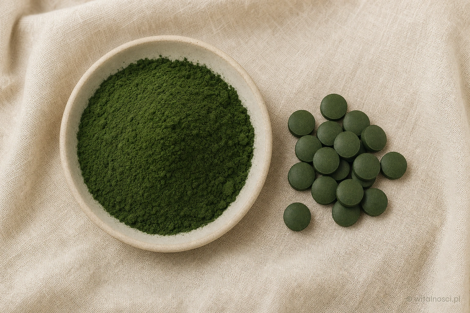 Chlorella w dw&oacute;ch postaciach: proszek w ceramicznej miseczce i prasowane drażetki