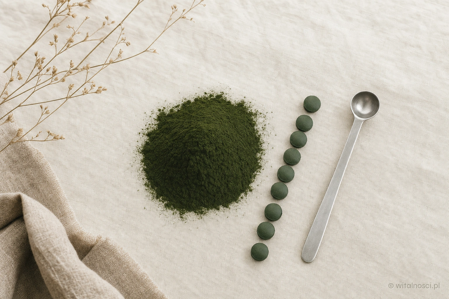 Sproszkowana chlorella i drażetki z chlorelli obok metalowej miarki na pł&oacute;tnie lnianym