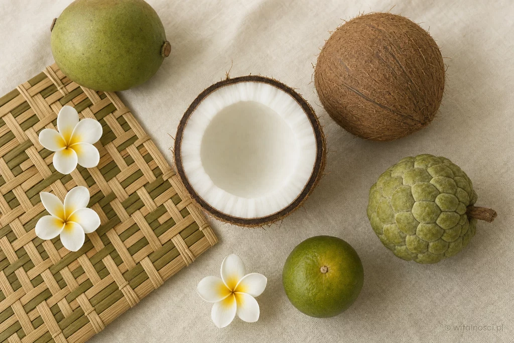 Kokos, owoce tropikalne i kwiaty frangipani