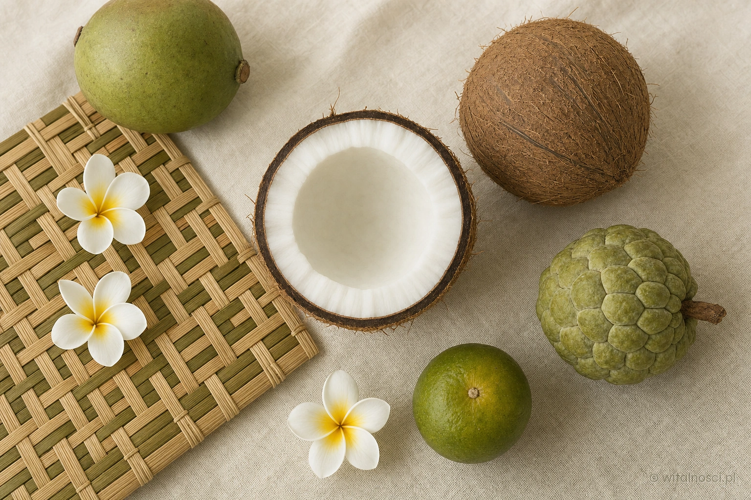 Kokos, owoce tropikalne i kwiaty frangipani
