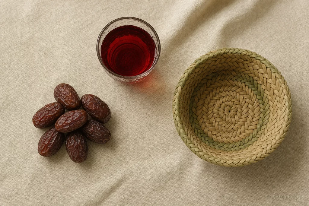 Daktyle, herbata z hibiskusa i wiklinowy kosz